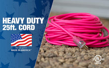 Load image into Gallery viewer, Southwire 02577-0A 25-Foot 12/3 Neon Outdoor Extension Cord, Made in the USA, Water Resistant Vinyl Jacket, Reinforced Blades, Clear Molded Plug With Power Indicated Light, Fluorescent Pink