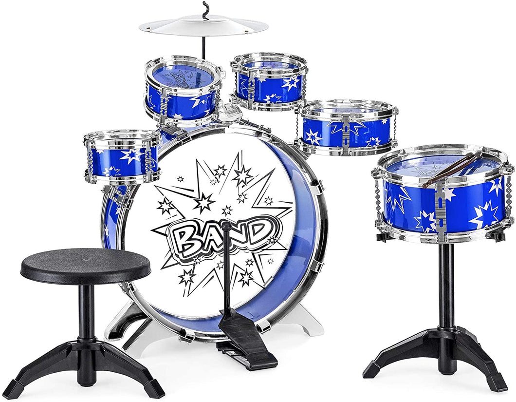 Best Choice Products 11-Piece Kids Starter Drum Set w/Bass, Tom Drums, Snare, Cymbal, Stool, Blue
