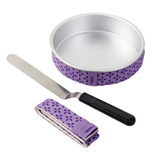 Load image into Gallery viewer, Wilton Cake Baking Set - Beginner’s Set - 8 x 2-Inch Cake Pan, 2-Piece Bake-Even Strips Set, 13-Inch Angled Spatula