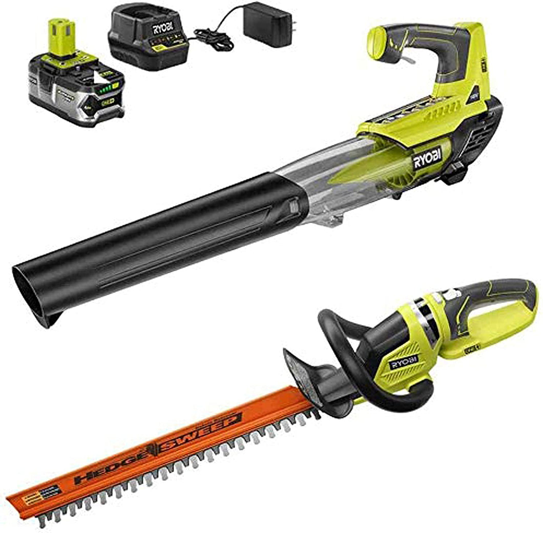 RYOBI P21801-HDG ONE+ 100 MPH 280 CFM 18-Volt Lithium-Ion Cordless Jet Fan Leaf Blower and Hedge Trimmer with 4 Ah Battery and Charger