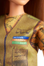 Load image into Gallery viewer, Barbie Photojournalist Doll, Brunette with Lion Cub, Camera and Magazine Cover, Inspired by National Geographic