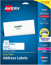 Load image into Gallery viewer, Avery Address Labels with Sure Feed for Laser &amp; Inkjet Printers, 1-1/3&quot; x 4&quot;, 140 Labels, Permanent Adhesive (18262)