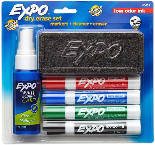 Expo 80653 Low-Odor Dry Erase Set, Includes (Chisel Tip, Assorted Color Markers, Eraser, White Board Cleaner)
