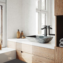 Load image into Gallery viewer, VIGO Onyx Handmade Countertop Glass Rectangle Vessel Bathroom Sink Set in Gray Onyx Finish with Matte Black Single-Handle Single Hole Faucet and Pop Up Drain