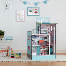Load image into Gallery viewer, Teamson Kids - Dreamland Barcelona Wooden Pretend Play Doll House Dollhouse for 3.5" Doll with 10 Pieces of Furniture- Blue / White / Pink