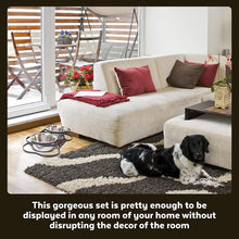 Load image into Gallery viewer, Iconic Pet Dog or Cat Stainless Steel Double Diner Elevated Bowl Set with Heavy Duty Bone Shaped Rim