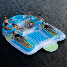 Load image into Gallery viewer, Tropical Tahiti Floating Island Inflatable Raft 7 Person! Built-in Inflatable Bench Seat with Backrests and Cooler! Inflatable Island with 2 Sun Tanning Decks! Perfect for Relaxation &amp; Recreation!