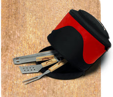 Load image into Gallery viewer, Jim Beam 5 Piece Parawood and Stainless Steel BBQ set with insulated cooler, sporting an exterior storage pocket and adjustable shoulder strap for easy portability