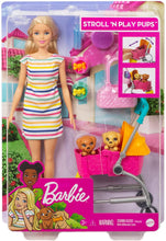 Load image into Gallery viewer, Barbie Stroll ‘n Play Pups Playset with Blonde Barbie Doll (11.5-Inch), 2 Puppies, Pet Stroller and Accessories, Gift for 3 to 7 Year Olds