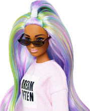 Load image into Gallery viewer, Barbie Fashionistas Doll with Long Rainbow Hair Wearing Sweatshirt Dress and Accessories, for 3 to 8 Year Olds