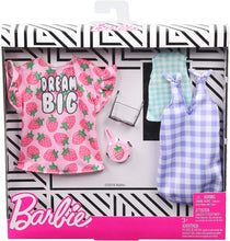 Load image into Gallery viewer, Barbie Clothes, 2 Outfits Doll Include a Strawberry-Print Dress, a Checked Dress and Top, Plus a Strawberry-Decorated Purse and Heart-Shaped Sunglasses, Gift for 3 to 8 Year Olds