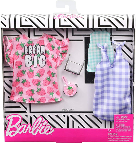 Barbie Clothes, 2 Outfits Doll Include a Strawberry-Print Dress, a Checked Dress and Top, Plus a Strawberry-Decorated Purse and Heart-Shaped Sunglasses, Gift for 3 to 8 Year Olds