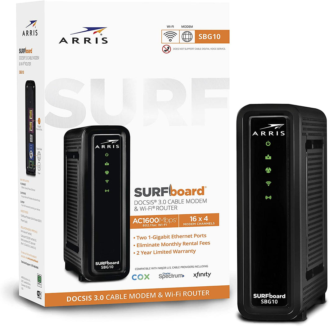 ARRIS SURFboard SBG10 DOCSIS 3.0 Cable Modem & AC1600 Dual Band Wi-Fi Router, Approved for Cox, Spectrum, Xfinity & others (black)