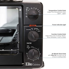 Load image into Gallery viewer, Elite Cuisine ERO-2008S Countertop Toaster Oven with Top Grill &amp; Griddle Rotisserie, Bake, Grill, Broil, Roast, Toast, Keep Warm, 23L Capacity, fits a 12” Pizza, 6-Slice, Black