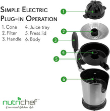 Load image into Gallery viewer, Stainless Steel Electric Juice Press-Citrus Juicer or Squeezer Masticating Machine w/ 160W Power, Handle &amp; Cone for Orange, Lime, Pomegranate and Grapefruit and Lemon Fruit-NutriChef PKJCR305