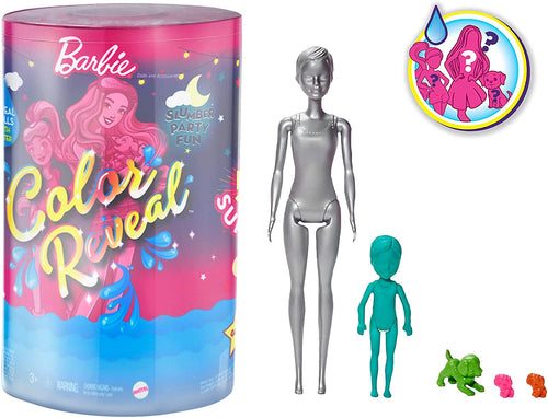 Barbie Color Reveal Set with 50+ Surprises Including 2 Dolls, 3 Pets & 36 Slumber Party-Themed Accessories; Water Reveals Dolls’ & Pets’ Looks & Creates Color Change on Certain Pieces; 28 Mystery Bags