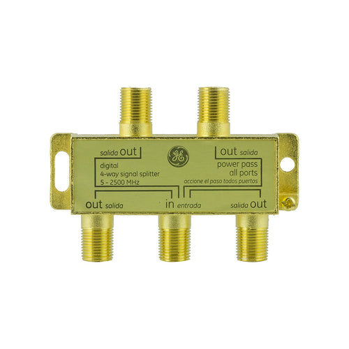 GE Pro Digital 4-Way Coaxial Splitter, Works with HDTV, Amplifiers, Amplified Antennas, RG6 Coax Compatible, 5-2500 MHZ Range, Corrosion Resistant, Gold Plated Connectors, 33527