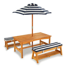 Load image into Gallery viewer, KidKraft Outdoor table and Chair Set with Cushions and Navy Stripes