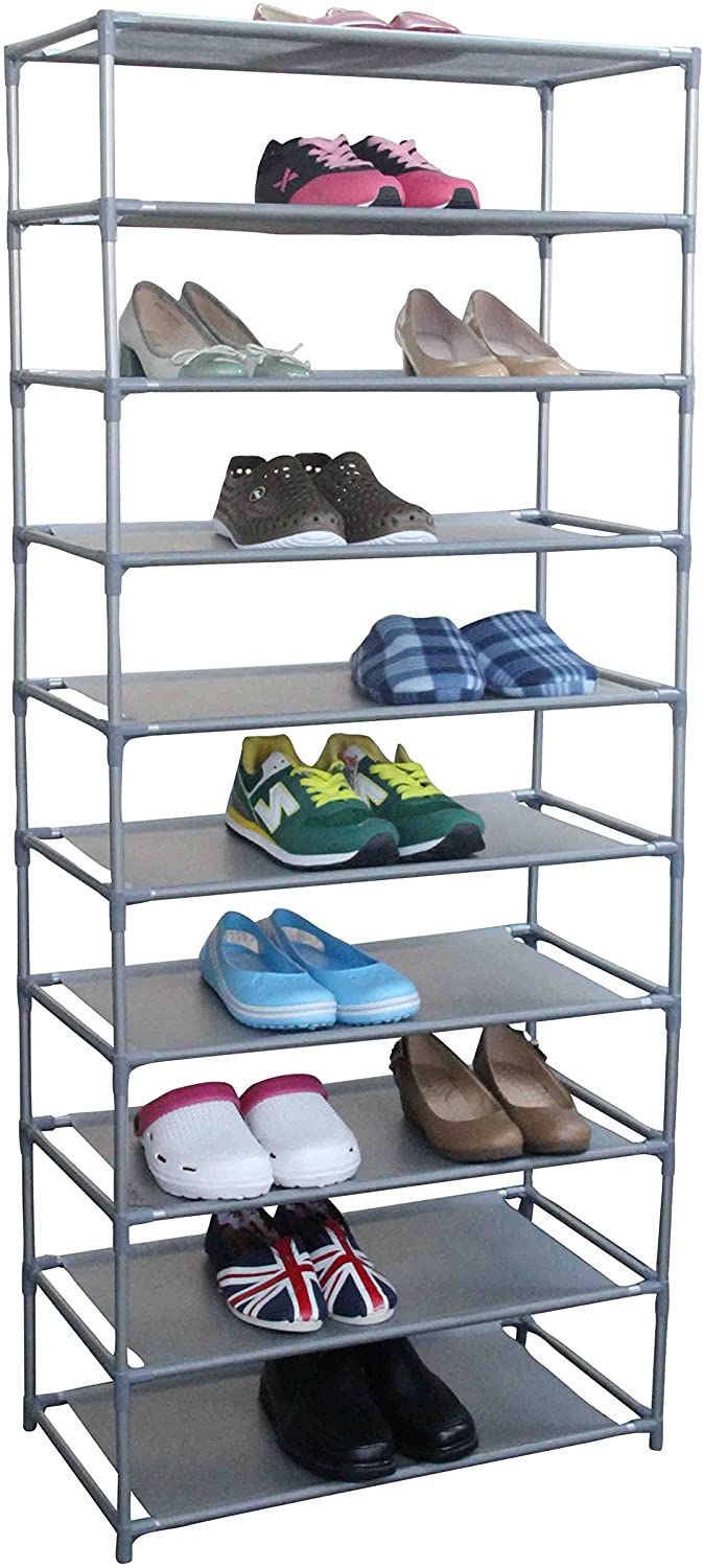 Home Basics 10-Tier Free-Standing Shoe Rack, Stackable for Storage and Organization, Easy Assembly, Grey