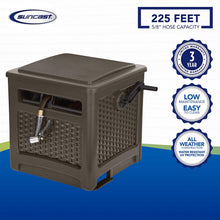 Load image into Gallery viewer, Suncast Resin 225 ft Hideaway Outdoor Storage Reel with Crank Handle, Lid, and Slide Trak Guide 225' Hose Capacity, Durable, Java