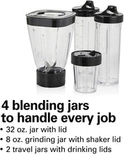 Load image into Gallery viewer, Hamilton Beach Stay or Go Blender with 32oz Jar, 8oz Grinder for Nuts &amp; Spices, and 2 Portable Cups with Drinking Lids for Shakes and Smoothies, BPA Free, Black and Silver (52400)
