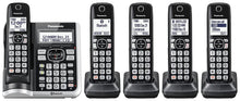 Load image into Gallery viewer, PANASONIC Link2Cell Bluetooth Cordless Phone System with Voice Assistant, Call Blocking and Answering Machine. DECT 6.0 Expandable Cordless System - 5 Handsets - KX-TGF575S (Silver)