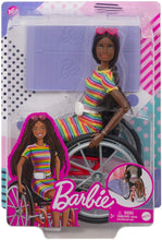 Load image into Gallery viewer, Barbie Fashionistas Doll #166, with Wheelchair &amp; Crimped Brunette Hair Wearing Rainbow-Striped Dress, White Sneakers, Sunglasses &amp; Fanny Pack, Toy for Kids 3 to 8 Years Old