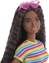 Load image into Gallery viewer, Barbie Fashionistas Doll #166, with Wheelchair &amp; Crimped Brunette Hair Wearing Rainbow-Striped Dress, White Sneakers, Sunglasses &amp; Fanny Pack, Toy for Kids 3 to 8 Years Old