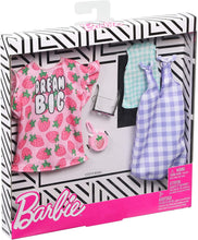 Load image into Gallery viewer, Barbie Clothes, 2 Outfits Doll Include a Strawberry-Print Dress, a Checked Dress and Top, Plus a Strawberry-Decorated Purse and Heart-Shaped Sunglasses, Gift for 3 to 8 Year Olds