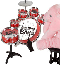 Load image into Gallery viewer, Toy Drum Set for Kids, 7 Piece Set with Bass Drum with Foot Pedal, Tom Drums, Cymbal, Stool and Drumsticks for Toddlers, Boys and Girls by Hey! Play!