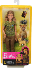 Load image into Gallery viewer, Barbie Photojournalist Doll, Brunette with Lion Cub, Camera and Magazine Cover, Inspired by National Geographic