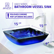 Load image into Gallery viewer, Modern Tempered Glass Vessel Square Sink with Single Hole in Blazing Blue and Single Handle Key Bathroom Sink Faucet in Polished Chrome | Viace LSAZ056-097 by ANZZI