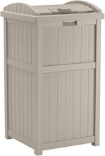 Load image into Gallery viewer, Suncast 33 Gallon Hideaway Trash Can for Patio - Resin Outdoor Trash with Lid - Use in Backyard, Deck, or Patio - Taupe