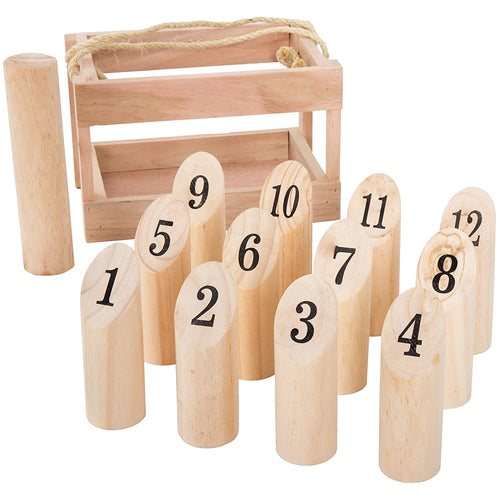 Hey! Play! Wooden Throwing Game-Complete Set, 12 Numbered Pins, Throwing Dowel, Carrying Crate-Outdoor Lawn Games For Adults and Kids