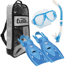 Load image into Gallery viewer, TUSA Sport Adult Splendive Mask, Hyperdry II Snorkel, and fins Travel Set, Blue