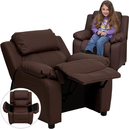 Flash Furniture Deluxe Padded Contemporary Brown Leather Kids Recliner with Storage Arms