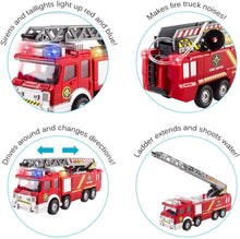 Load image into Gallery viewer, Fire Truck Toy Rescue with Shooting Water, Lights and Sirens Sounds, Extending Ladder and Water Pump Hose to Shoot Water, Bump and Go Action by Vokodo