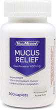 Load image into Gallery viewer, ValuMeds Mucus Relief Caplets Guaifenesin 400mg (200 Caplets) | Chest Congestion and Decongestant | Thins and Loosens Buildup | Fast Acting