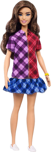 Barbie Fashionistas Doll with Long Brunette Hair Wearing Color-Blocked Plaid Dress and Accessories, for 3 to 8 Year Olds