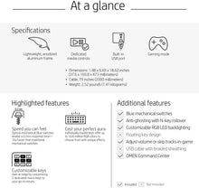 Load image into Gallery viewer, Omen by HP Sequencer Wired USB Mechanical Optical Gaming Keyboard – 10X Faster – Blue Switch - Volume Roller Bar – 16.8M RGB Colors – Anti Ghosting