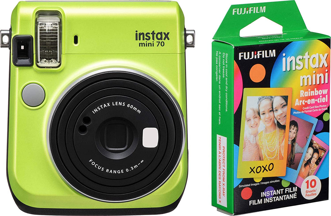Fujifilm Instax Mini 70 Instant Film Camera (Kiwi Green) and Instax Mini Rainbow Film Value Pack - 10 Images