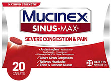 Load image into Gallery viewer, Mucinex Sinus-Max Severe Congestion &amp; Pain Relief Maximum Strength Caplets- Sinus Decongestant, Headache Relief &amp; Loosens Mucus, Expectorant 20 Count