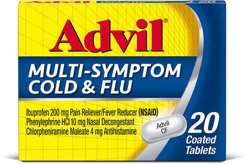 Advil Multi-Symptom Cold And Flu, 200mg Ibuprofen, Pain And Fever Reducer, (20 Count), Nasal Decongestant, Fast Relief, Headache, Runny Nose, Sneezing, Body Aches And Sinus Pressure
