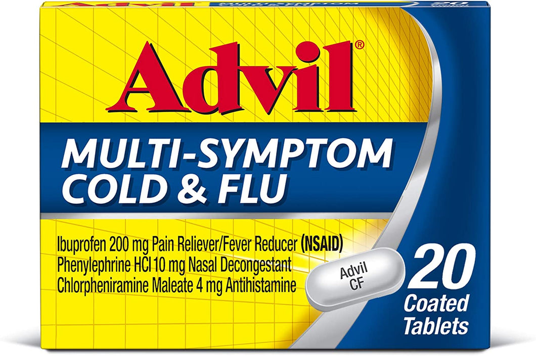 Advil Multi-Symptom Cold And Flu, 200mg Ibuprofen, Pain And Fever Reducer, (20 Count), Nasal Decongestant, Fast Relief, Headache, Runny Nose, Sneezing, Body Aches And Sinus Pressure