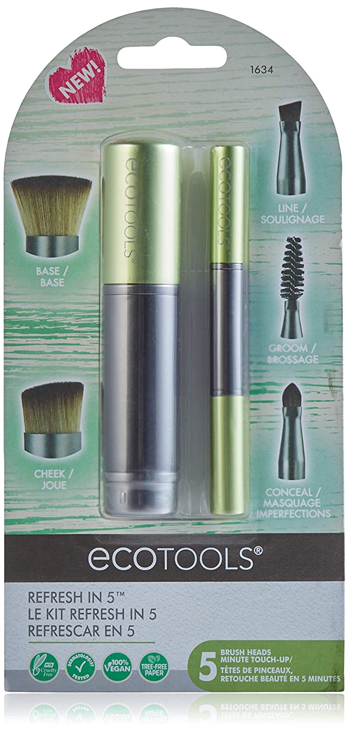 EcoTools Refresh Makeup Brush Set for Travel Touch-up, Set of 5 for Brows, Liner, Concealer, Powder, Blush and Bronzer