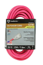 Load image into Gallery viewer, Southwire 02577-0A 25-Foot 12/3 Neon Outdoor Extension Cord, Made in the USA, Water Resistant Vinyl Jacket, Reinforced Blades, Clear Molded Plug With Power Indicated Light, Fluorescent Pink