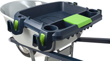 Load image into Gallery viewer, Original Little Burro, USA made lawn/garden tray for all 4-6 cu. ft. wheelbarrows. Holds rake, shovel, short handle tools, drinks &amp; water tight storage for phone. Wheelbarrow not included. Great gift!