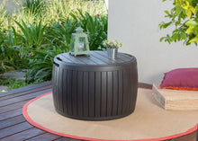 Load image into Gallery viewer, Keter 230897 Circa Natural Wood Style Round Outdoor Storage Table D, 37 Gallons, 26.7 in. Diameter x 16.5 in Height.