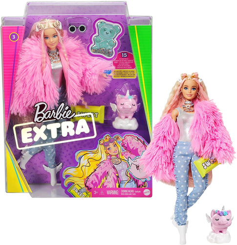 Barbie Extra Doll #3 in Pink Fluffy Coat with Pet Unicorn-Pig, Extra-Long Crimped Hair, Including Candy Bar Clutch & Gummy Bear Ring, Multiple Flexible Joints, Gift for Kids 3 Years Old & Up