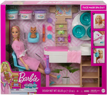 Load image into Gallery viewer, Barbie Face Mask Spa Day Playset with Blonde Barbie Doll, Puppy, 3 Tubs of Barbie Dough and 10+ Accessories to Create and Remove Face Blemishes on Doll, Gift for Kids 3 to 7 Years Old